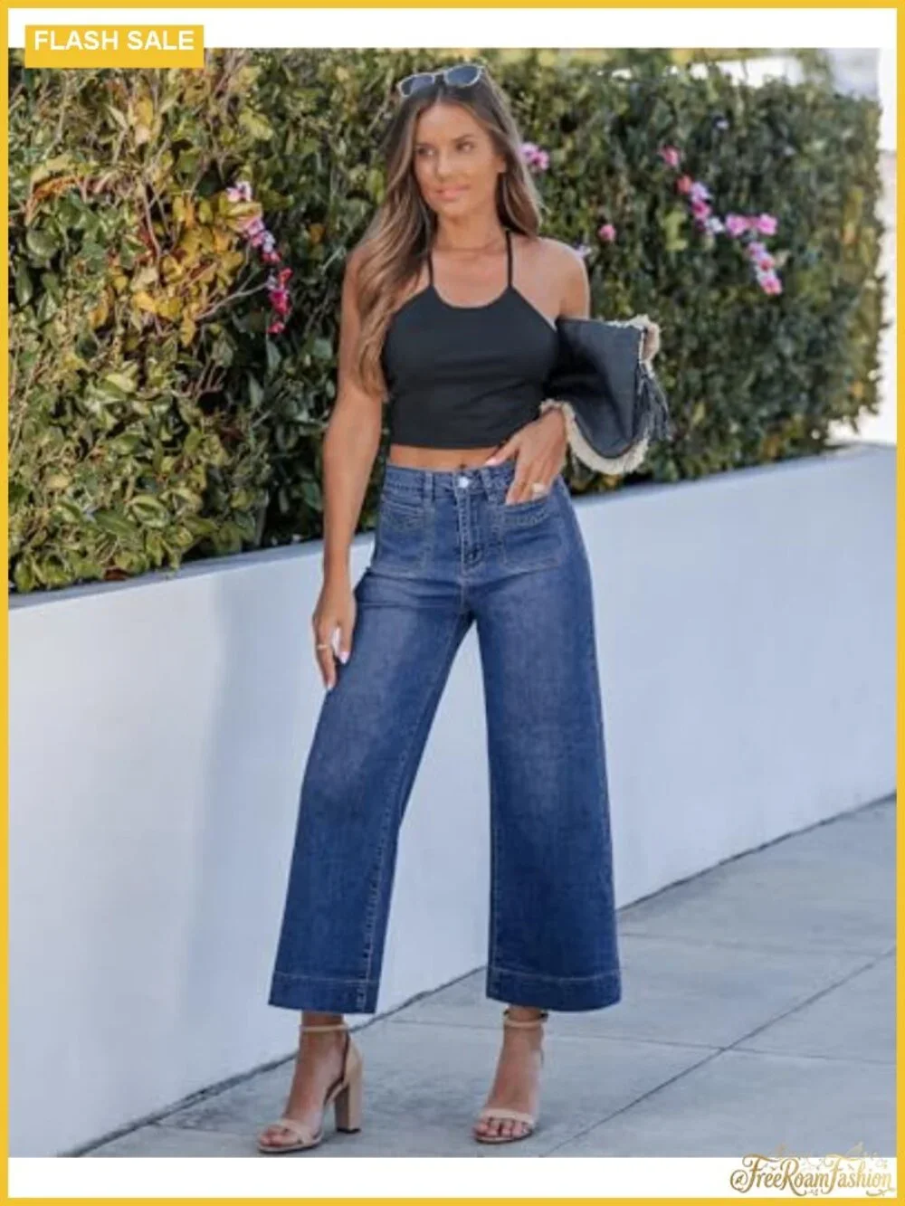 Wide Leg High Waisted Cropped Stretch Denim Pants Women's 27